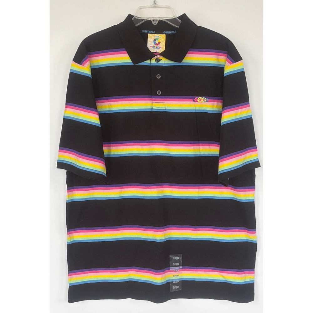 Southpole Mens Large Rainbow Stripe Polo Shirt Black Short Sleeve Y2K NWOT